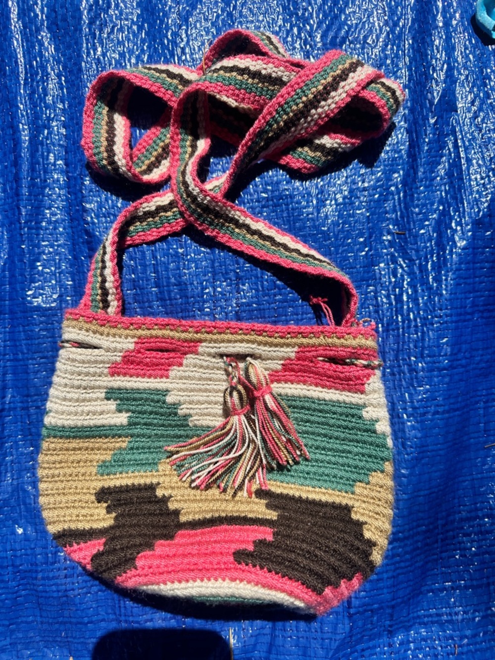 Boho Striped Woven Crossbody Bag in Pink, Green & Tan